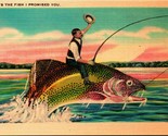 Comic Exaggeration Fishing Here is Fish Promised Linen Asheville Postcar... - $3.91
