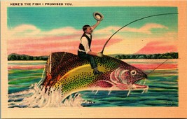 Comic Exaggeration Fishing Here is Fish Promised Linen Asheville Postcard Co UNP - £3.07 GBP