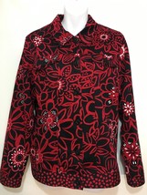 Laura Ashley L Black Red White Floral Cotton Jacket Banded Waist - $37.73