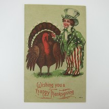 Thanksgiving Postcard Wild Turkey &amp; Boy Uncle Sam Suit Hat Stars Stripe Antique - £7.82 GBP