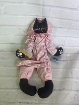 VTG Anthropomorphic Cat Kitty Black Stuffed Plush Doll Pink Dress Holding Mouse - $27.71