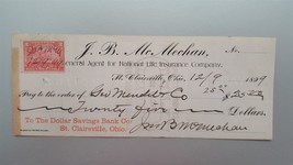 1899 Antique J B Mc Mechan Bank Check Clairsville Oh Signed Mc Mechan 2c Rev Stamp - £27.80 GBP