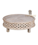 Wood Coffee Table Curved Table in Raw Mango Lattice Round Coffee Table D... - $647.00+
