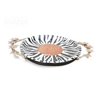 West African Hand Carved Teak Wood Hand Painted Zebra Patterned Tray with Bronze - £157.22 GBP