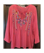 Johnny Was Cupra Rayon Tunic Shirt Medium Floral Embroidered Boho Hot Pink - $74.20