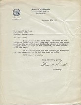 Signed 1931 Letter from James Rolph Jr Governor California &#39;s Secretary - £23.18 GBP