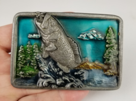 vintage 1984 Bergamot Brass Works belt buckle Enamel Bass fishing - $24.99