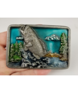 vintage 1984 Bergamot Brass Works belt buckle Enamel Bass fishing - $24.99