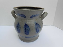 Rowe Pottery 1994 flower vase pot jar Vintage Blue Salt Glaze Crock 7&quot; handles - £55.33 GBP