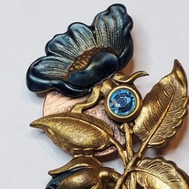 Vintage Copper Metal Blue Flower Pin Blue Rhinestone 2.25 inch Estate - £10.83 GBP