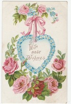 Vintage Postcard With Best Wishes Heart Shaped Wreath Roses Forget Me Nots - £6.18 GBP