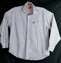 Tommy Hilfiger VINTAGE Men Medium M Stripped Button UP Shirt Red White &amp; Blue - £10.61 GBP