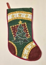 Vintage Christmas Tree Stars Appliqued Velvet Stocking Red Green Prima Creations - £18.18 GBP