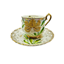 Japanese Moriage Reticulated Tea Cup And Saucer VTG Hand Painted - £11.81 GBP