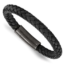 Stainless Steel Brushed Black Braided Leather 8.25 inch Bracelet - $85.00