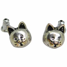 Vintage Petite Cat Earrings Dainty Studs Satin Silver Tone Patina Extra ... - £7.84 GBP