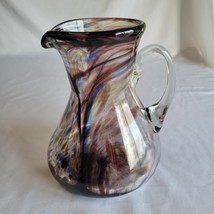 Mexican Hand Blown Art Glass Pitcher Blue Brown Clear Swirl Large 8&quot; - £23.67 GBP