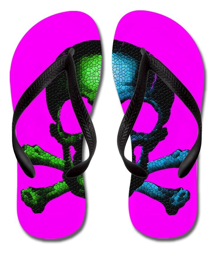 Punk Pirate Skull STANDARD Flip Flops - Green and Blue on Pink- Men's