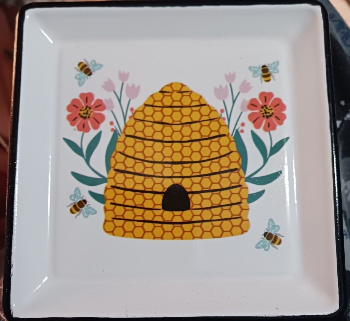 Honey Bee Themed Metal Trinket Dish 5 X 5 CBK Inspired Home by NEW With Tags - $14.85