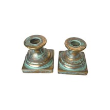 Set of 2 Vintage Square Small Ceramics Bisque Candlesticks Candleholders Green - £15.54 GBP