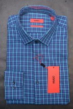 HUGO BOSS Herren Mabel Sharp Passform Blau Kariert Baumwolle Kleid Hemd 39 - £51.20 GBP