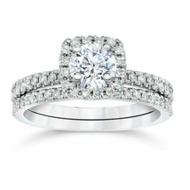 1CT Moissanite 14k White Gold-Plated Cushion Halo Engagement Bridal Ring Set - £75.19 GBP