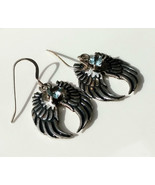 Fine silver genuine aquamarine hearts earrings angel wings dangle pmc 999 silver - £77.68 GBP