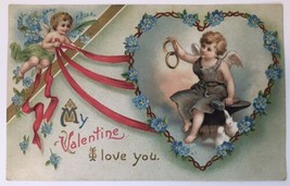 Antique PC My Valentine I Love You Divided Back Embossed Germany Cupid &amp; Hearts - £15.67 GBP
