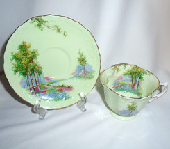 Aynsley Footed Teacup &amp; Saucer Green Woods Woodland Scene Vintage English China - £42.64 GBP