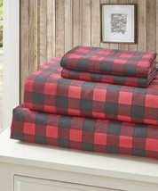 Buffalo Plaid Red 4 pc King Sheets and Pillow Cases Set Bear Country Microfiber - £31.83 GBP