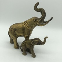 Elephant &amp; Calf Brass Figurine Paper Weight 5.5&quot; India Metal Statue Décor  - $24.00