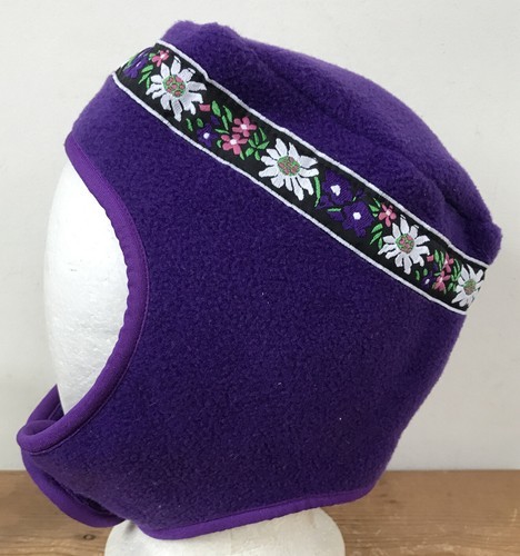 Vintage 90s USA Made Cherry Tree Fleece Purple Floral Chinstrap Winter H... - $24.74