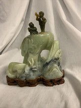 Vintage Chinese Carved Jade Landscape Boys 7”x7”x3.5” with Wood Carved Base - £150.93 GBP