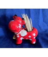 Farmhouse Ceramic Red Cow Toothpick Holder w Bell around his Neck Approx... - $11.87