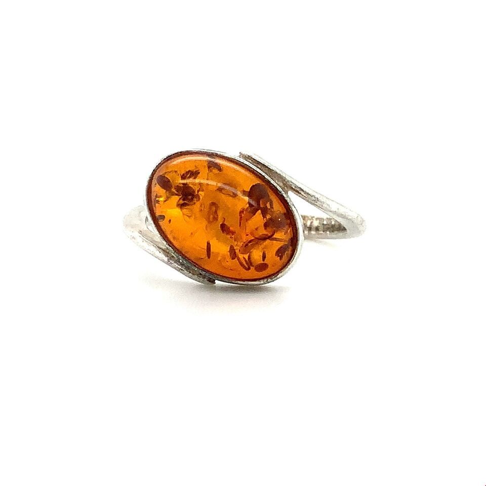 Primary image for Vintage Signed Sterling Silver Modernist Oval Tension Baltic Amber Ring sz 5 3/4