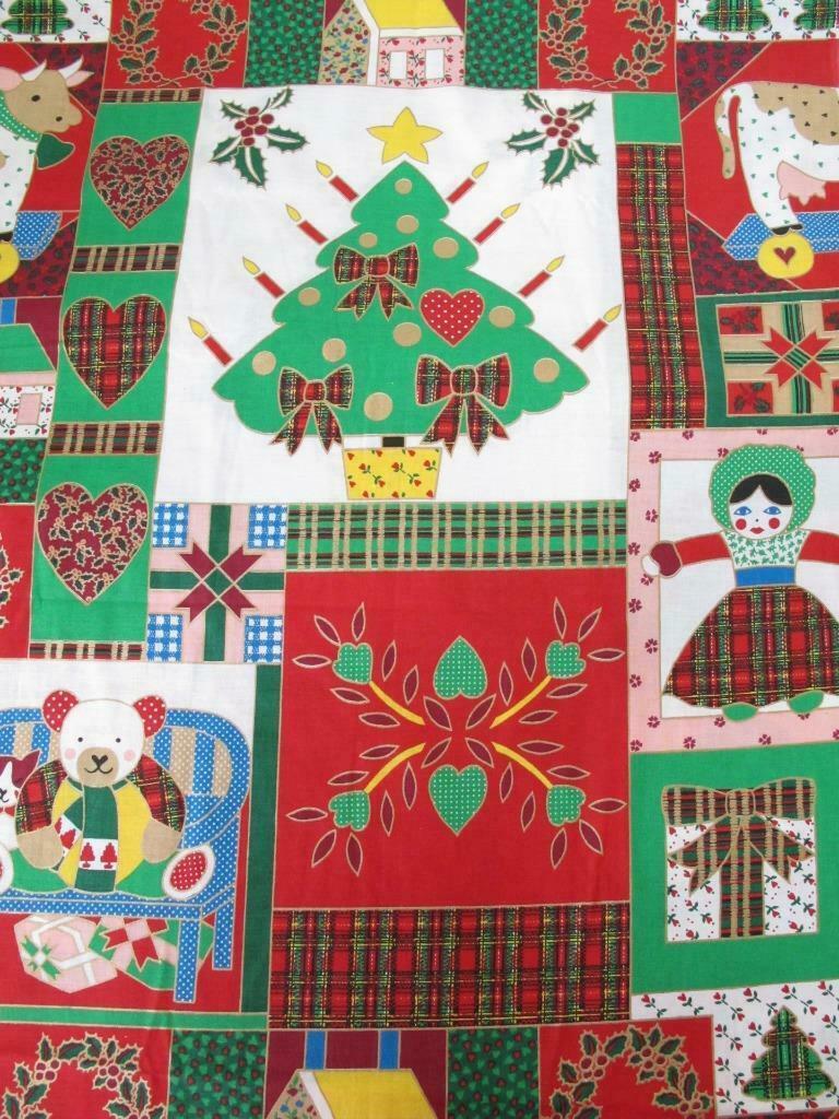 Vintage Christmas Patchwork Print Fabric 3yd Cotton Colorful Bear Tree Dolls Cow - £14.15 GBP