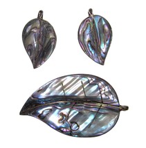 VTG 925 Sterling Silver Abalone Inlay Leaf Brooch Earring Set Taxco Mexi... - £25.23 GBP