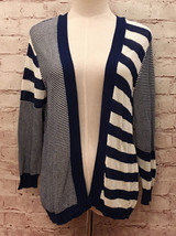 FEVER Open Front Cardigan Sweater Mesh Knit Blue White Stripe Womens Size L  NEW - £18.87 GBP