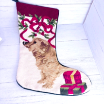 Golden Small Golden Dog Christmas Stocking Needle Point Green Velvet - $835.08 MXN