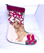 Golden Small Golden Dog Christmas Stocking Needle Point Green Velvet - $825.30 MXN
