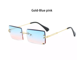 Rimless Rectangle Gold Frame Blue Pink Gradient Tint Mens Summer Sunglasses - £16.86 GBP