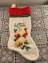 I Love My Dog Christmas Stocking 15 Inch Tan Puppy Red Bow Red White Felt - £9.82 GBP