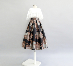 Black A-line Midi Party Skirt with Pockets Women Floral Pleated Party Skirt image 10
