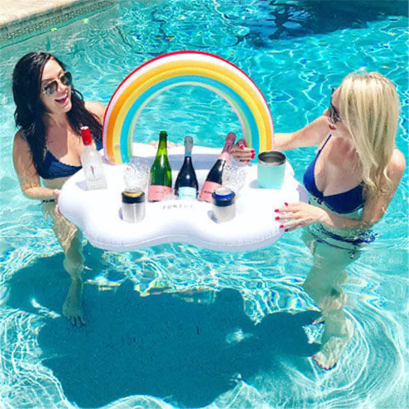 Summer Swimming Ring Pool Toys Rainbow Cloud Inflatable Drink Cup Holder... - $29.71