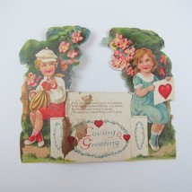 Vintage Valentine Blonde Boy Plays Gold Mandolin Girl Blue Dress Pink Flowers - £6.17 GBP