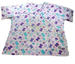 Butterfly &amp; Floral Print V-Neck 2XL Scrub Top With Pockets - Pastel Colors - $7.60