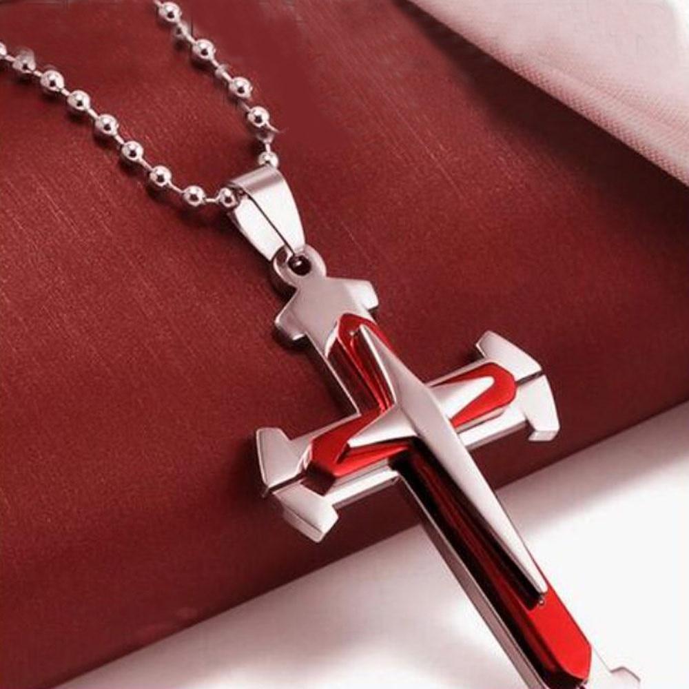 Jewelry Unisex Men Necklace red style Stainless Steel Cross Pendant Necklace - £7.91 GBP - £15.84 GBP