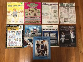 Lot of 9 Counted Cross Stitch Leisure Arts Alphabets Borders Bibs Mugs C... - $8.50