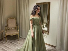 Beautiful Elegant Off Shoulder Sage Evening Dresses for Women Wedding Guest Luxu - £390.30 GBP