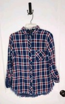 Size Medium Dear John Plaid Flannel Button Down Shirt Red White Blue Fringe - $18.70